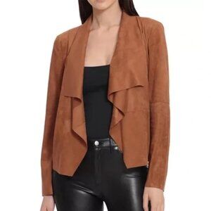 89$ Bagatelle Faux-Suede Drape Open Front Jacket Long Sleeves Size L Med Brown